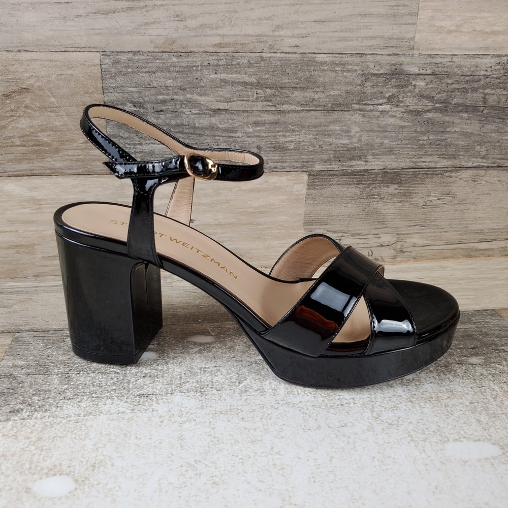 Stuart Weitzman Dayna 80 Womens Platform Sandal Sz 8.5 B Black Patent Block Heel
